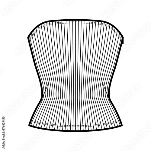 Ribbed tube top technical fashion illustration with side zip fastening, fitted body, round neckline, slim fit. Flat top apparel template front, white color. Women men unisex knit CAD mockup 