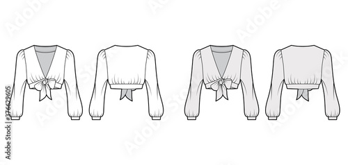 Tie-front cropped shirt technical fashion illustration with voluminous long sleeves, plunging neckline. Flat blouse apparel template front, back, white, grey color. Women, men, unisex top CAD mockup. 