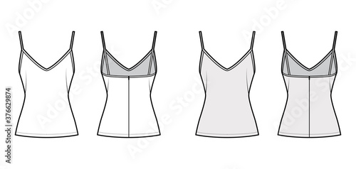 Camisole slip top technical fashion illustration with sweetheart neck, thin straps, slim fit, back zip fastening. Flat outwear tank template front, back, white, grey color. Women men unisex CAD mockup