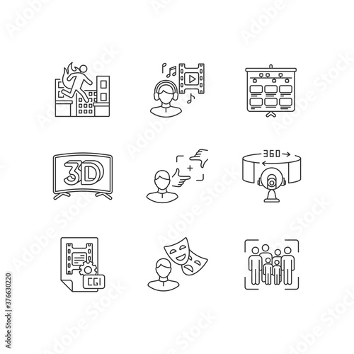 Film making linear icons set. Visual development for movie. Special effect for cinematography. Customizable thin line contour symbols. Isolated vector outline illustrations. Editable stroke
