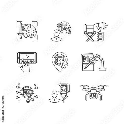 Film making process linear icons set. Theatrical prop for historical drama. Producer for movie project. Customizable thin line contour symbols. Isolated vector outline illustrations. Editable stroke