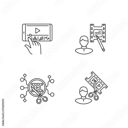 Movie making linear icons set. Mobile phone editing. Film making software on smartphone. Customizable thin line contour symbols. Isolated vector outline illustrations. Editable stroke