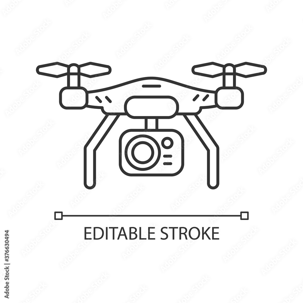 Drone camera linear icon. Mobile helicopter to shoot panoramic frame. Flying gadget. Thin line customizable illustration. Contour symbol. Vector isolated outline drawing. Editable stroke Drone camera linear icon. Mobile helicopter to shoot panoramic frame. Flying gadget. Thin line customizable illustration. Contour symbol. Vector isolated outline drawing. Editable stroke