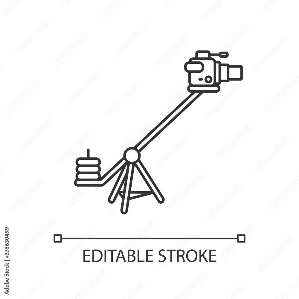 Camera crane linear icon. Shoot reportage in studio. Professional television shooting. Thin line customizable illustration. Contour symbol. Vector isolated outline drawing. Editable stroke