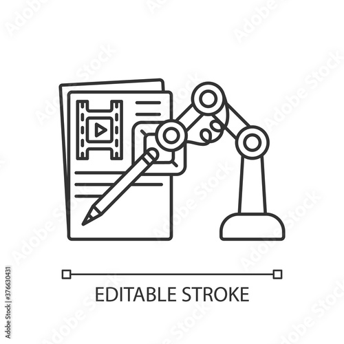 AI written screenplay linear icon. Innovative technology in film production. Robot write script. Thin line customizable illustration. Contour symbol. Vector isolated outline drawing. Editable stroke