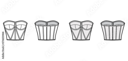 Corset-style bustier top technical fashion illustration with molded cups, close fit, back zip fastening, cropped length. Flat template front, back, white grey color. Women men unisex shirt CAD mockup