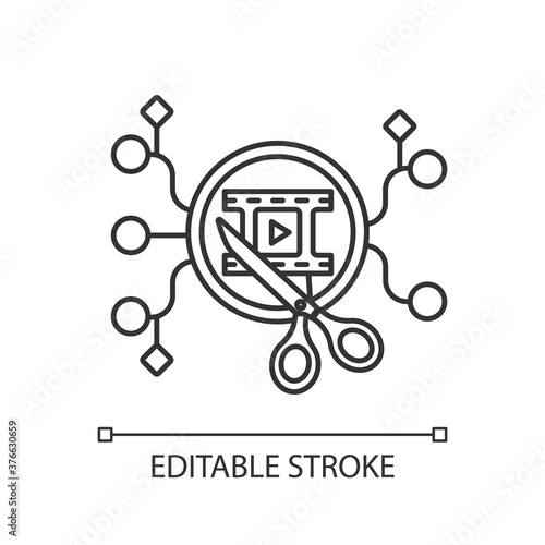 Algorithmic editing linear icon. Artificial intelligence on video making process. Thin line customizable illustration. Contour symbol. Vector isolated outline drawing. Editable stroke