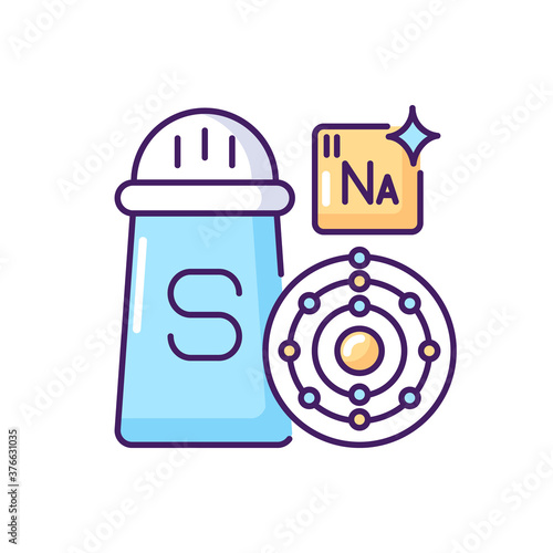 Sodium RGB color icon. Condiment for food. Salt in package. Molecular structure. Chemistry for foodstuff. Mineral compound in dietary. Seasoning ingredient. Isolated vector illustration