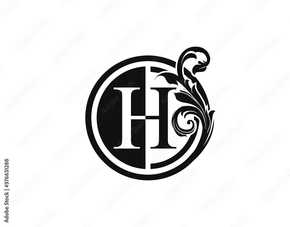 Royal Circle H Letter Floral Logo. Luxury H Swirl Logo Icon. Stock