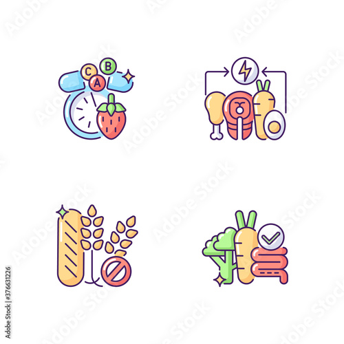 Food groups RGB color icons set. Vitamin and mineral. Dietary supplement. Energy value in food. Gluten free. No wheat. Fibre for gut health. Digestion and intestine. Isolated vector illustrations