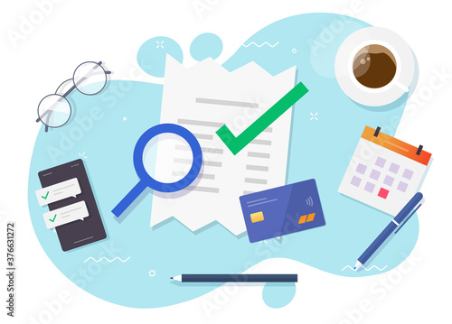 Tax audit accounting office concept with financial research vector flat lay table working desk top view illustration, salary wages document reports, money payment verification analysis design