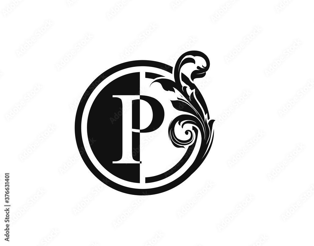 Fototapeta premium Royal Circle P Letter Floral Logo. Luxury P Swirl Logo Icon.
