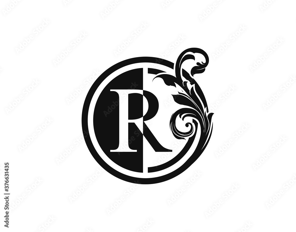 Royal Circle R Letter Floral Logo. Luxury R Swirl Logo Icon. Stock