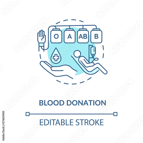 Blood donation concept icon. Voluntary medical procedure, transfusion process. Donating blood for charity idea thin line illustration. Vector isolated outline RGB color drawing. Editable stroke