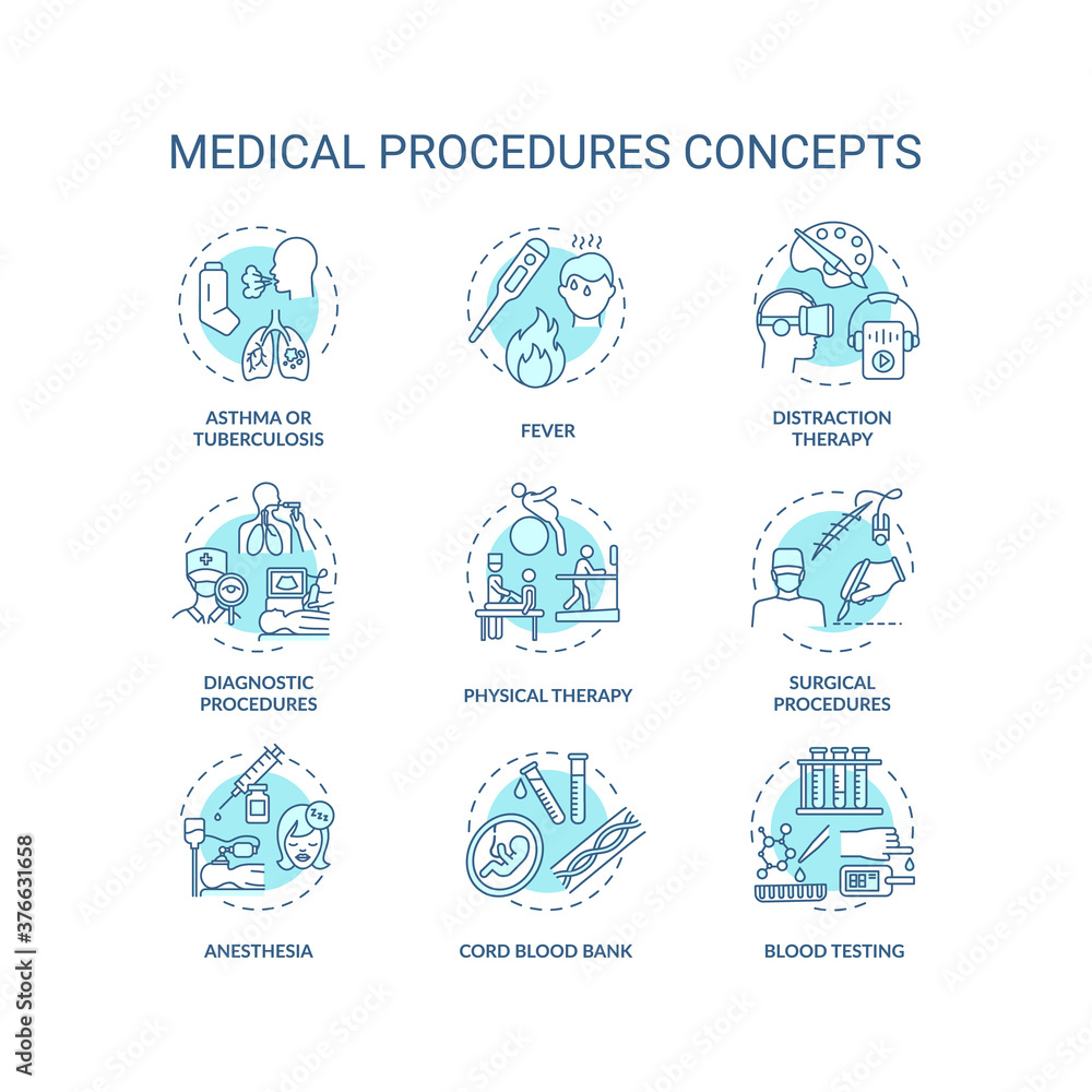 Medical procedures concept icons set. Professional healthcare services. Diseases diagnostics and treatment idea thin line RGB color illustrations. Vector isolated outline drawings. Editable stroke