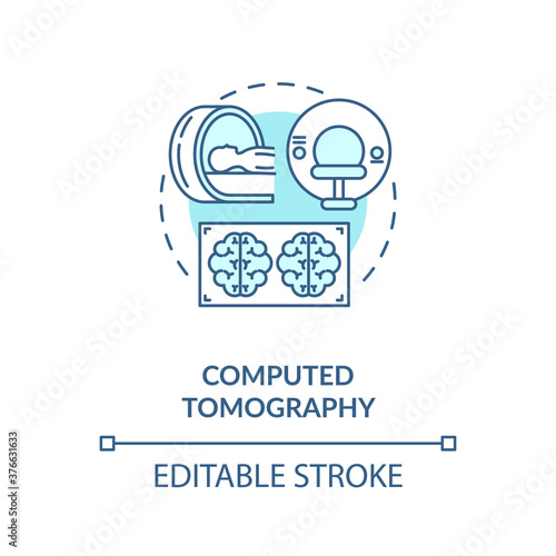 Computed tomography concept icon. Medical technology, CT scan idea thin line illustration. Human brain examination, clinical diagnostics. Vector isolated outline RGB color drawing. Editable stroke