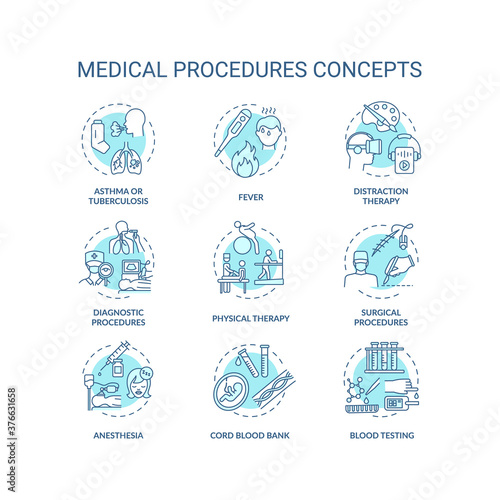Medical procedures concept icons set. Professional healthcare services. Diseases diagnostics and treatment idea thin line RGB color illustrations. Vector isolated outline drawings. Editable stroke