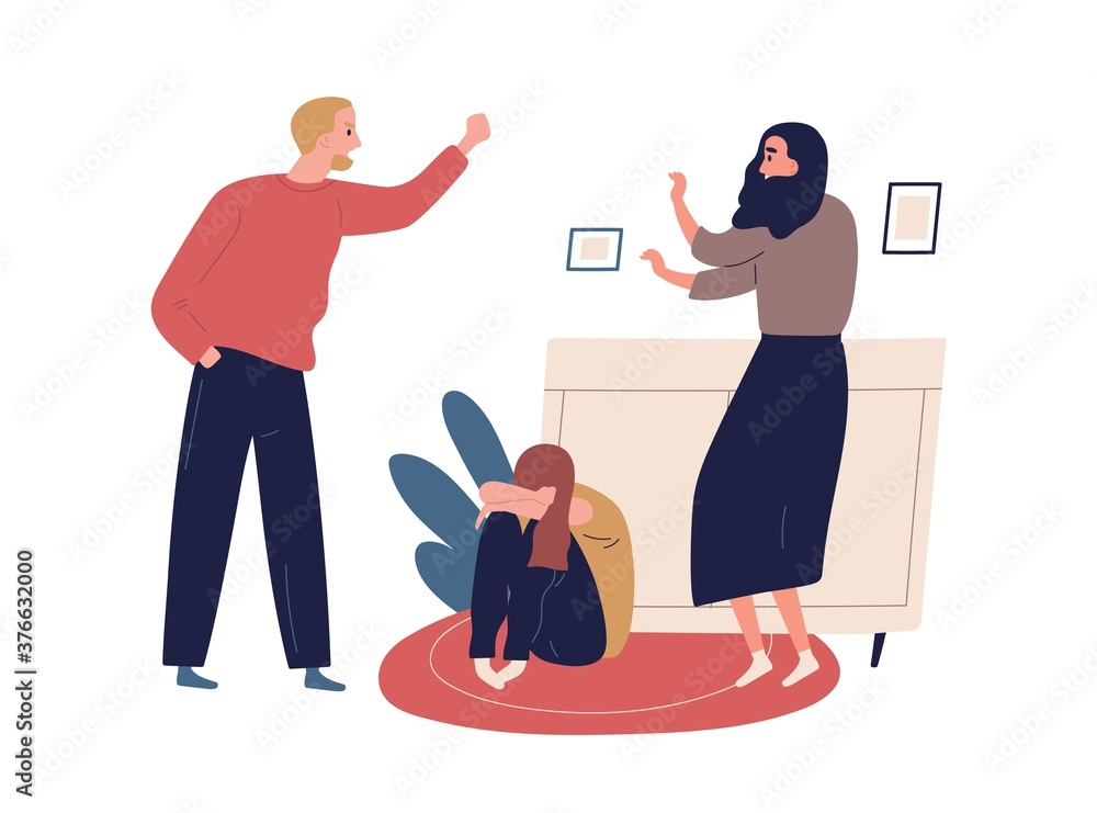 Distraught and furious husband yell and threaten mother and crying child.  Domestic violence, abusive relationships, harassment in family. Flat vector  cartoon illustration isolated on white Stock-Vektorgrafik | Adobe Stock
