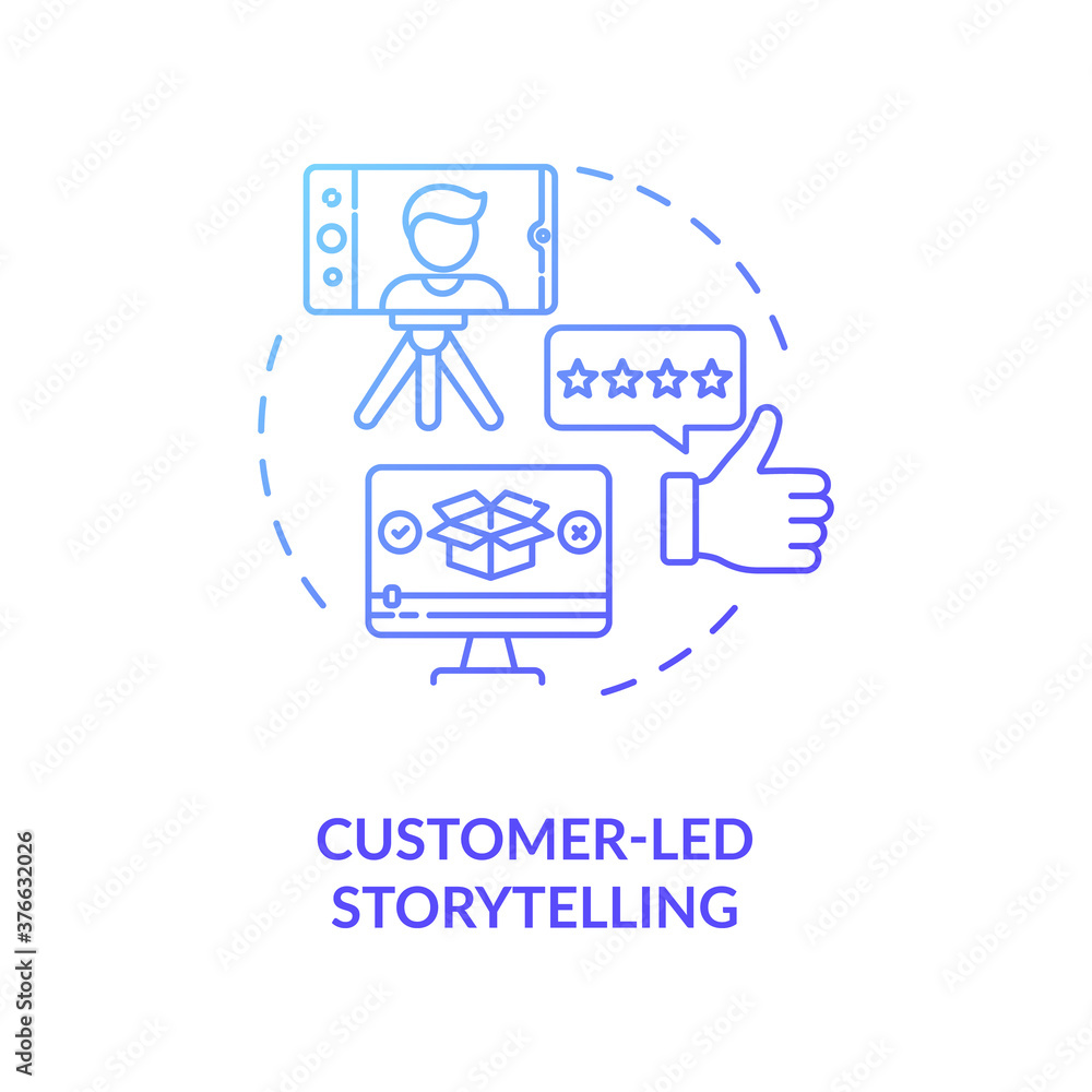 Customer-led storytelling concept icon. Best product testing creating. Video blogging. Brand storytelling strategy idea thin line illustration. Vector isolated outline RGB color drawing