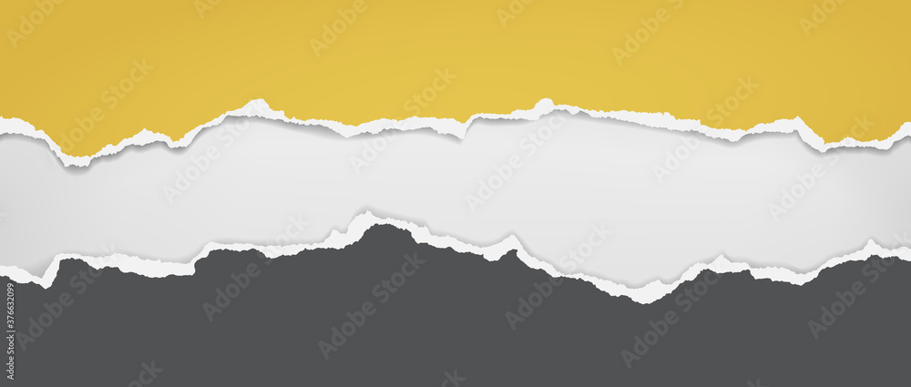 Torn, ripped dark grey and yellow paper with soft shadow are on white background for text. Vector illustration