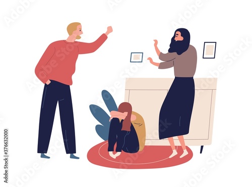 Distraught and furious husband yell and threaten mother and crying child. Domestic violence, abusive relationships, harassment in family. Flat vector cartoon illustration isolated on white