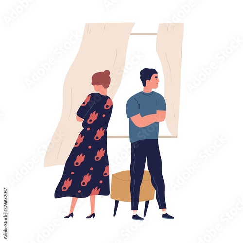 Annoyed couple standing back to back with crossed arms. Scene of family breakup or conflict. Offended husband and wife with difficulties in relation. Flat vector cartoon illustration isolated on white