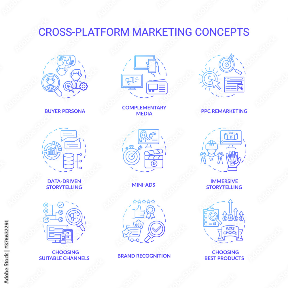 Cross-platform marketing concept icons set. Brand building. Advertising idea thin line RGB color illustrations. Complementary media. Storytelling content marketing. Vector isolated outline drawings