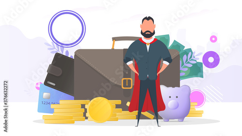 Successful businessman. A large suitcase, wallet, credit card, gold coins, dollars. The concept of profit, cashback or wealth. Banner on the theme of finance. Vector.