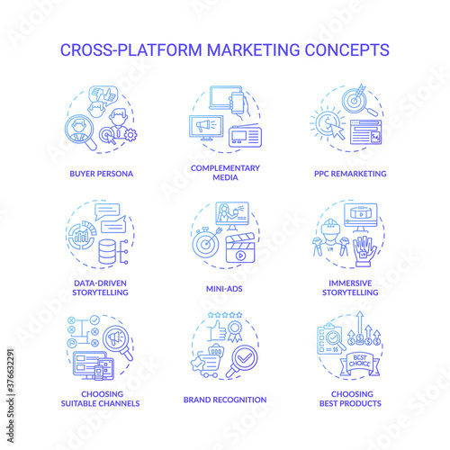 Cross-platform marketing concept icons set. Brand building. Advertising idea thin line RGB color illustrations. Complementary media. Storytelling content marketing. Vector isolated outline drawings