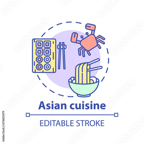 Asian cuisine concept icon. Wide variety of asian meals. Traditional menu with seafood ingredients. Tasty foods idea thin line illustration. Vector isolated outline RGB color drawing. Editable stroke