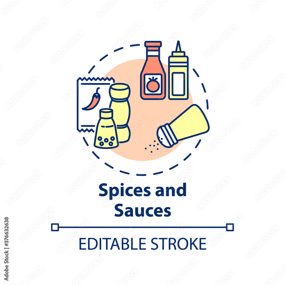 Spices and sauces concept icon. Types of seasoning. Food flavor changer. Hot meal addons. Cooking ingredient idea thin line illustration. Vector isolated outline RGB color drawing. Editable stroke