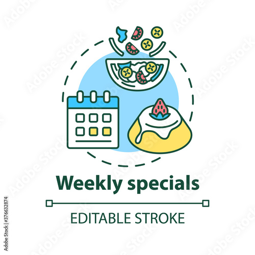 Weekly specials concept icon. Limited food offers. Great restaurant deals. Unique delicious meals idea thin line illustration. Vector isolated outline RGB color drawing. Editable stroke