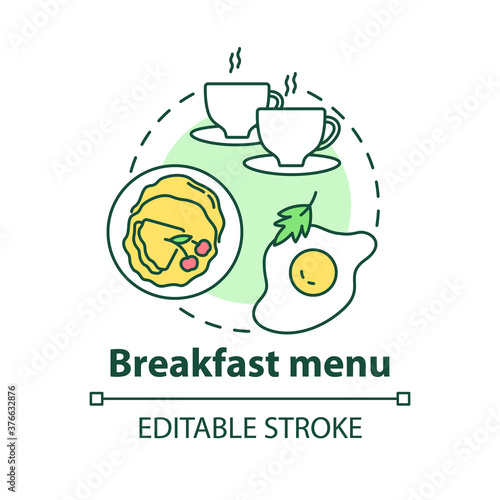 Breakfast menu concept icon. Morning tasty food offers. Limited lite meals . Day starters menu idea thin line illustration. Vector isolated outline RGB color drawing. Editable stroke