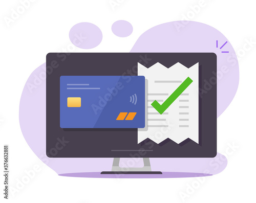Approved payment bill valid verified confirmed via bank credit card on desktop computer vector, success electronic digital money checkout pay invoice transaction, receipt completed concept