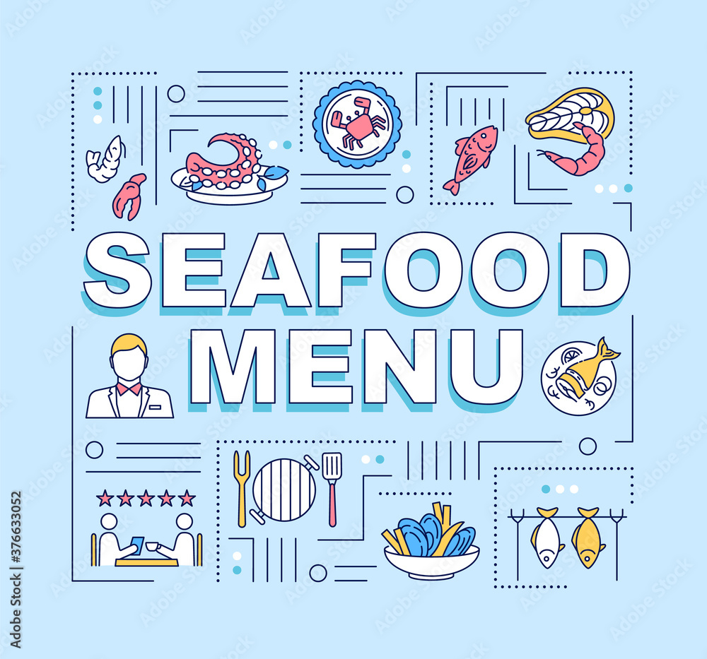 Naklejka premium Seafood menu word concepts banner. Fish, crab, lobster, shrimps, mussels. Infographics with linear icons on blue background. Isolated typography. Vector outline RGB color illustration
