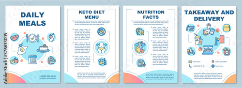 Nutrition facts brochure template. Keto diet menu order. Flyer, booklet, leaflet print, cover design with linear icons. Vector layouts for magazines, annual reports, advertising posters