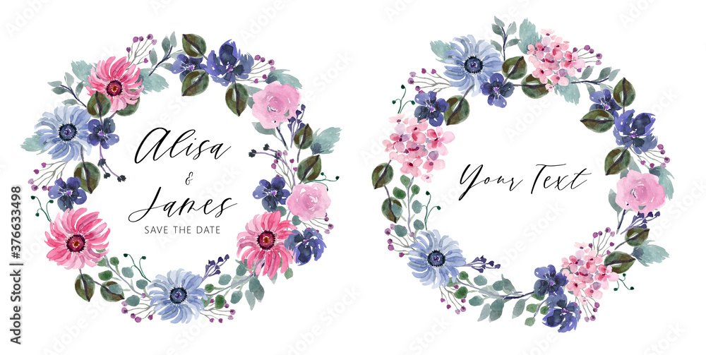 Purple And Pink Floral Watercolor Wreath Vector Set
