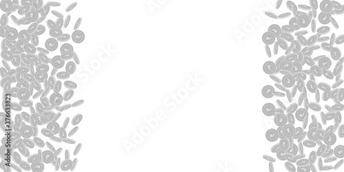 Indian rupee coins falling. Scattered black and wh