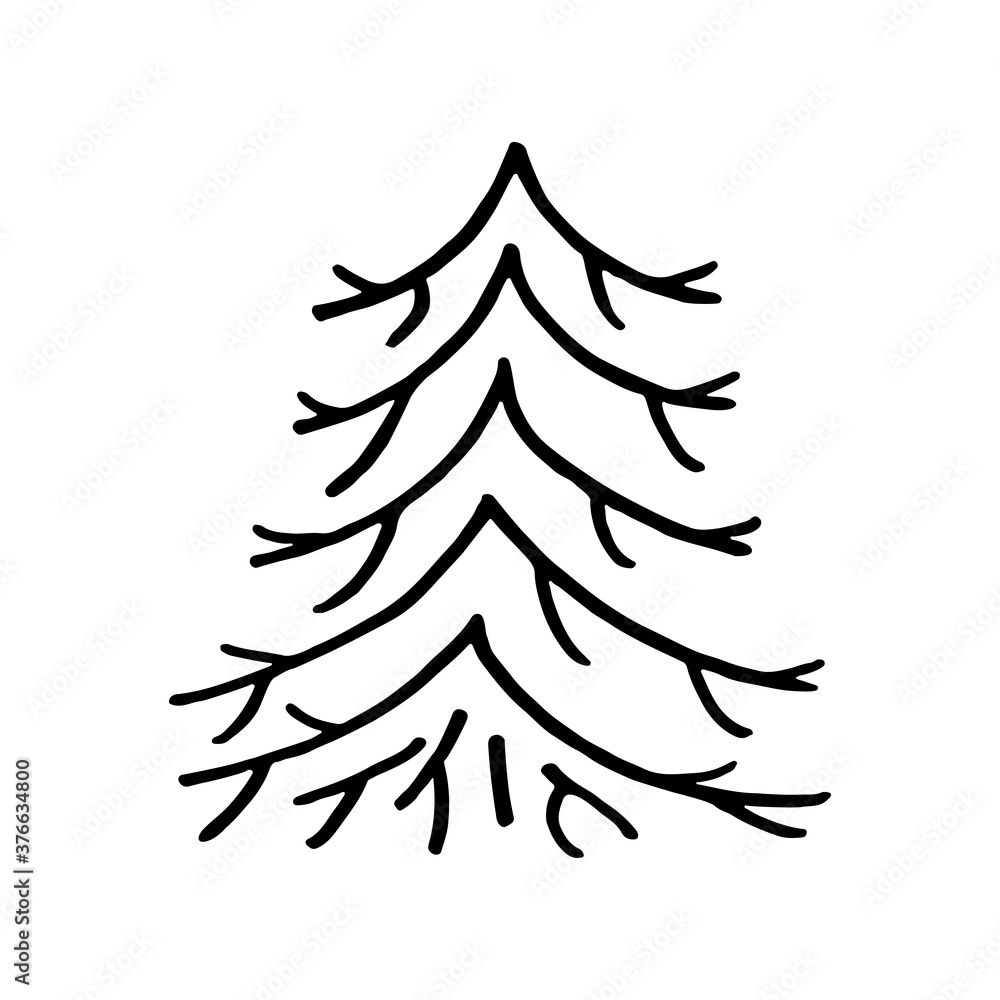 Obraz premium Hand drawn doodle fir tree isolated on white background. Conifer sketch. Vector illustration. Design for print, banner, greeting card, logo
