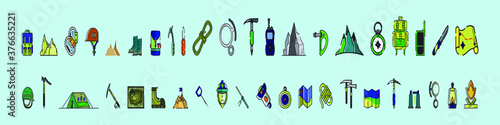 Mountain climbing equipment tools and accessories icons set isolated on blue background