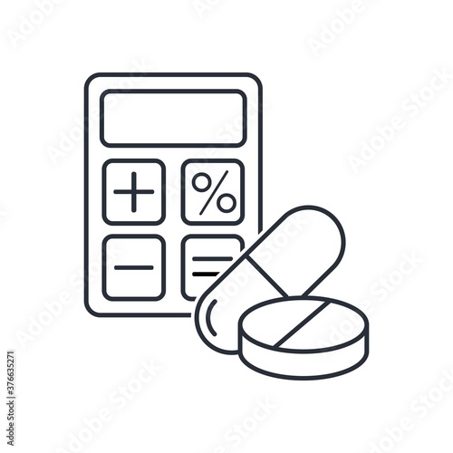 Calculator and medicines. Vector linear icon isolated on white background.