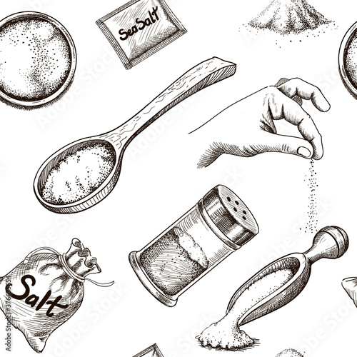 Salt spicy cooking seamless pattern. Sketch spoon with salting crystals, package and salt shaker wallpaper