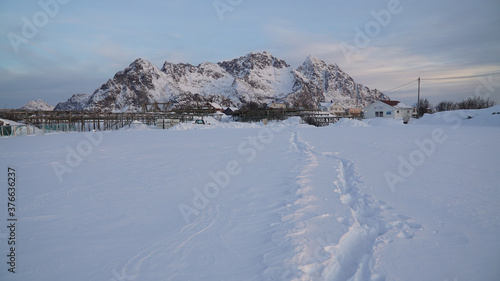 Cold white winter mountain landscapes seen from the Henningsvaer Stadium on the Lofoten Island, Norway.