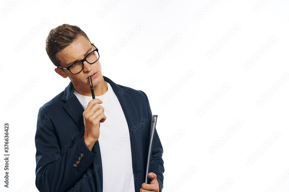 Man with documents office manager official light background Man with documents office manager official light background