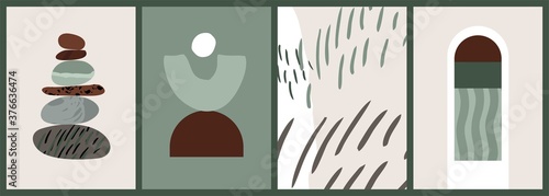 Set of vertical posters with abstract shapes, arcs, strokes, and stones. Decorative elements in trendy boho aesthetics style. Backgrounds for notebooks, books, brochures, catalogs. Vector illustration