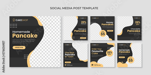 Homemade pancake social media post template. Food square banner for cake shop