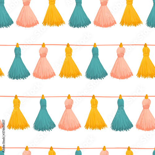 Tassels seamless vector background. Colorful decorative tassels repeating pattern. Great for cards, party invitations, wallpaper, packaging, fabric , gift wrap, celebrations, party decor