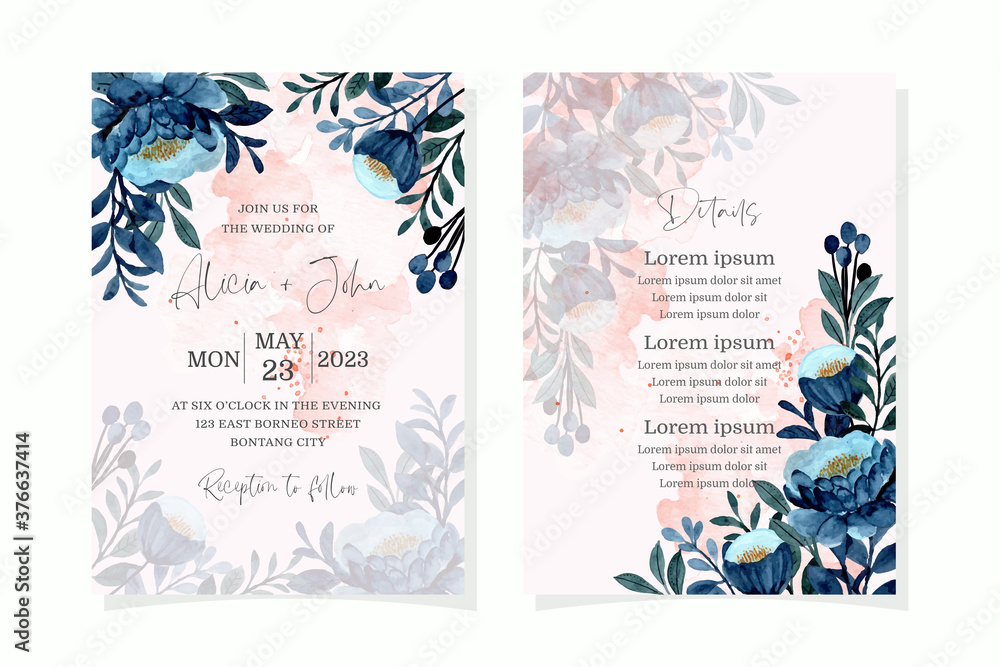  Wedding invitation card with blue floral watercolor
