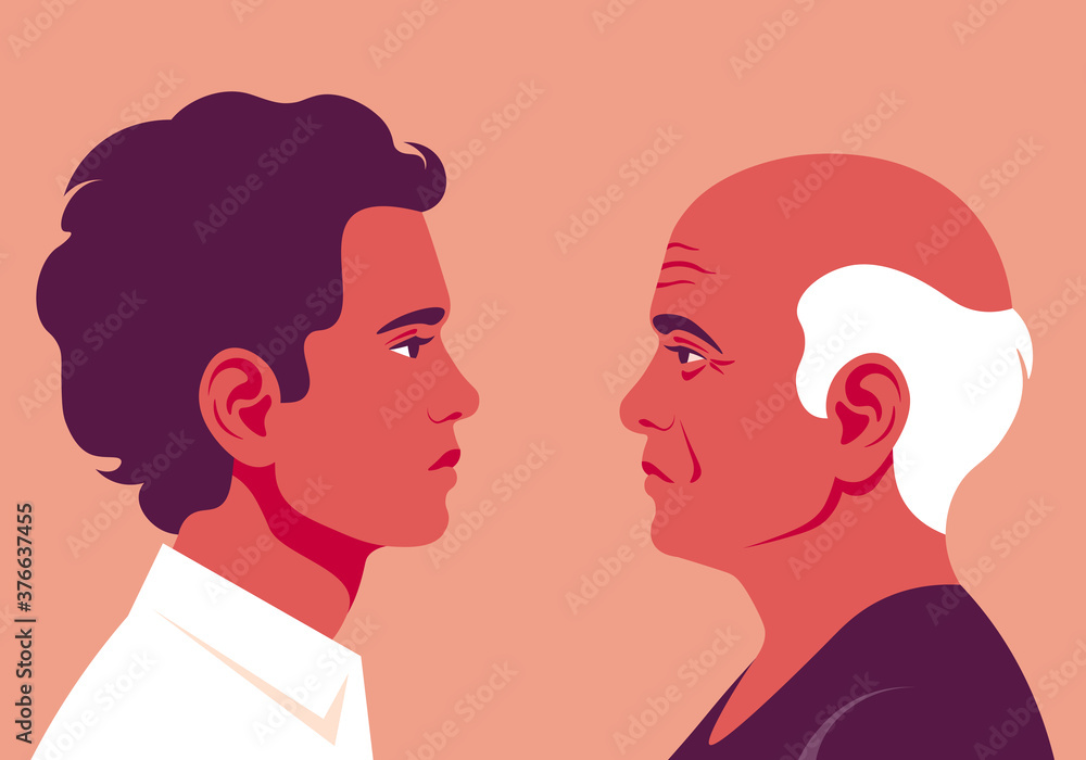Profiles of older and younger men. The faces is on the side view. Avatar. Vector Flat Illustration Profiles of older and younger men. The faces is on the side view. Avatar. Vector Flat Illustration
