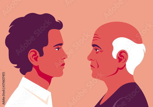 Profiles of older and younger men. The faces is on the side view. Avatar. Vector Flat Illustration